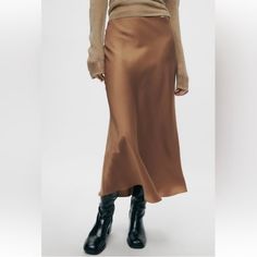 Zara Satin Effect Midi Skirt. Beautiful Brown Satin Midi Skirt With Zipper Closure. Great Quality, Nice Weight To The Fabric. Condition: Nwt, I Have A Similar Item That I Wear Instead Color: Warm-Toned Brown Size: S Brown Satin Midi Skirt, Zara Midi Skirt, Sequin Midi Skirt, Skirt With Zipper, Checkered Skirt, Striped Midi Skirt, Tie Skirt, Brown Satin, Satin Midi Skirt