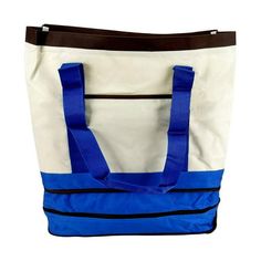 a blue and white tote bag on a white background