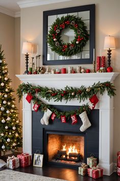 a fireplace decorated for christmas with stockings and stockings