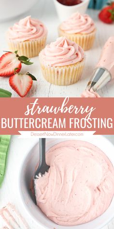 strawberry buttercream frosting in a bowl with strawberries