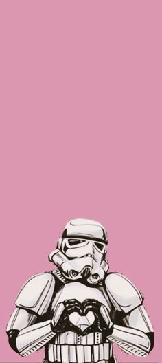 a drawing of a stormtrooper holding a heart in front of a pink background