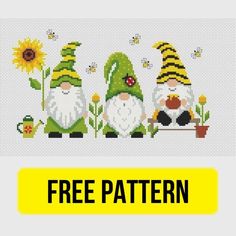 three gnomes are sitting next to each other and the text free pattern is below