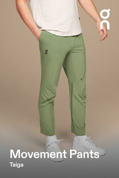 Power up your movements with these essential workout pants. Ideal for yoga, dynamic workouts and everyday wear – all in complete comfort | On Men's Movement Pants in Taiga, Size: Medium. Everyday training, comfortable, versatile Workout, Travel. Performance Running | Recycled Polyamide/Recycled Polyester Functional Green Yoga Pants With 4-way Stretch, Functional Green Pants With 4-way Stretch, Green Athleisure Cargo Pants For Sports, Functional Green Yoga Pants, Sporty Green Pants With 4-way Stretch, Green Athleisure Sweatpants For Outdoor, Green 4-way Stretch Athleisure Pants, Casual Green Breathable Yoga Pants, Functional Green Workout Pants