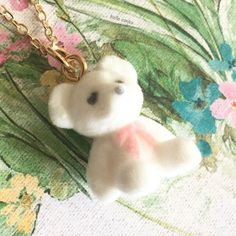 "Flocked Fuzzy Soft Velvet  Little Mini White Bear Charm  Necklace Pendant  Ages 3 and up  Gold Plated 18\" Chain  Lobster Clasp Closure  Comes in Gift Box and Organza Gift Bag Ships within 3 days. Will ship first class mail.  See our shop Hello Emiko for more beautiful handmade jewelry and gifts." Italy Necklace, Pink Charm, White Bear, Catholic Gifts, Organza Gift Bags, Tabby Cat, Age 3, Soft Velvet, Cat Lover Gifts