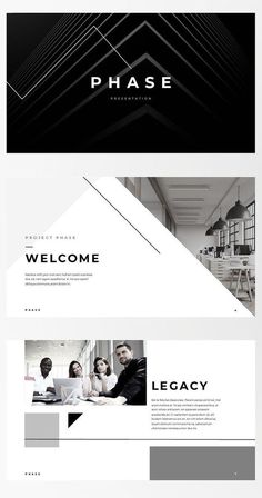 three different web pages with black and white lines on the bottom, one has a business logo