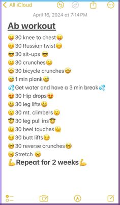 an iphone screen with emoticions on it and the text'ab workout '