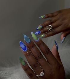 Crazy Gel Nail Designs, Bright Aura Nails, Lost Lands Nails, Blue Airbrush Nails, Blue Beach Nails, Gemini Nails, Girl Nails, Spring Nail Trends, Airbrush Nails