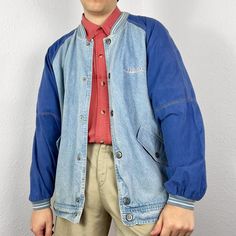 Vintage denim varsity bomber jacket in a light blue jean wash. With contrasting sleeves, colourblock style. Has full snap button up front & twin hip pockets plus Libero logo embroidered on chest. Lightweight without lining. Minor fading & some stitching has come away in the pit area - not noticeable when worn & overall good condition. Labelled size large or suits smaller oversized, measurements below Length: 29 inches Pit to pit: 24.5 inches £3 UK P&P 💌 Model is 5'9 and a men's medium Please ge Preppy Grunge, Vintage Varsity, Light Blue Jeans, Men's Coats And Jackets, Blue Jean, Logo Embroidered, Vintage Denim, Snap Button, Mens Coats