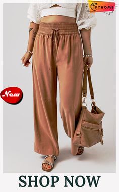 Brown Drawstring Elastic Waist Casual Wide Leg Pants Solid Wide Leg Pants With Drawstring For Fall, Versatile Drawstring Pants For Fall, Fall Wide Leg Pants With Drawstring In Solid Color, Fall Straight Pants With Drawstring, Fall Wide Leg Pants With Drawstring, Fall Solid Color Wide Leg Pants With Drawstring, Versatile Drawstring Bottoms For Fall, High Waist Wide Leg Pants With Drawstring For Fall, Stretch High Waist Wide Leg Pants With Drawstring