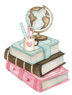 a stack of books with a globe and a cup on top of them, sitting next to each other