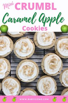 mini crumbl caramel apple cookies on a cooling rack