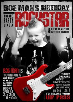 a young boy holding a red guitar in front of a black and white poster with the words rock star on it