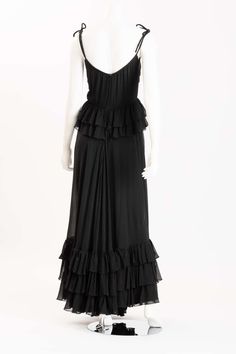 For Sale on 1stDibs - Luxurious Valentino Boutique black silk evening gown with tiered ruffles, sweeping hemline and hand beaded and embroidered bodice. Two ruffles at bodice Silk Evening Gown, Vintage Valentino, Embroidered Bodice, Valentino Black, Black Gown, Long Black Dress, Silk Chiffon, Black Silk, Evening Gown