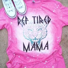 Pink Distressed Casual T-shirt, Casual Pink Distressed T-shirt, Trendy Tie Dye T-shirt With Letter Print, Trendy Distressed T-shirt For Streetwear, Acid Wash Tri-blend T-shirt With Letter Print, Acid Wash T-shirt With Letter Print, Trendy Acid Wash Pre-shrunk T-shirt, Casual Distressed Tri-blend T-shirt, Tired Mama