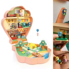 two pictures of the inside of a toy house with animals and people in it, one is open to show its contents