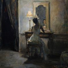 a painting of a woman sitting at a table in front of a mirror with a lamp on it