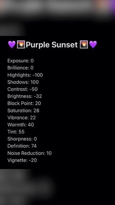 the purple sunset menu is displayed in this screenshoter image, with text and icons above it