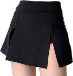 Black Split Hem Skirt For Summer, Trendy Summer Skirt With Split Hem, Trendy Split Hem Summer Skirt, Casual Black Hip-length Skort, Chic Solid Color Bottoms With Split Design, Casual Split Stretch Bottoms, Trendy Stretch Skirt With Split, Casual Stretch Bottoms With Split, Casual Stretch Bottoms With Split Design