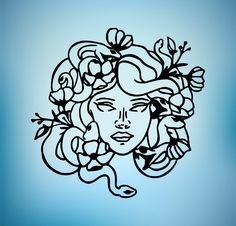 a drawing of a woman's face with flowers in her hair, on a blue background