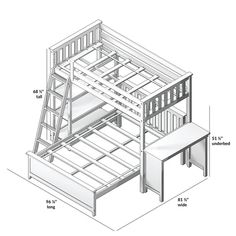 the bunk bed is shown with its stairs and desk underneath it, as well as measurements for