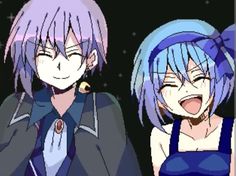 two anime characters with purple hair and blue eyes, one is smiling at the camera