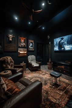 a living room filled with furniture and a flat screen tv mounted to the side of a wall