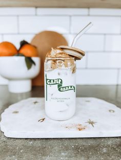 a jar filled with food sitting on top of a counter