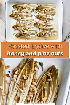 roasted fennels with honey and pine nuts in a white dish on a table