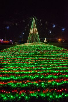 a large christmas tree is lit up in green and red lights with snowflakes all around it