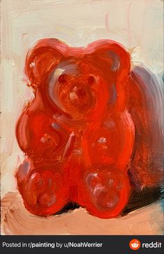 an oil painting of a red teddy bear