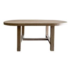 an oval wooden table with two legs and a circular shaped top, against a white background