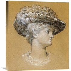 a drawing of a woman's head wearing a large hat with curls on it