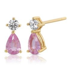 18k gold pink sapphire and diamond violet stud earrings .75cts pear pink sapphires.2cts round diamonds Sold as a pair   #AKEVIO-PS- Pear Earrings, Fine Diamond Jewelry, Fame Dr, Gold Baby, Fashion Pieces