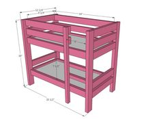 a pink bunk bed frame with measurements for the bottom and bottom shelves on it,