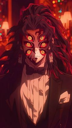 an anime character with red eyes and long hair, wearing a black suit in the dark