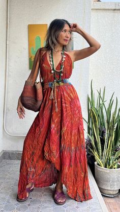 Long Bohemian Batik Print Dress, Hippie Cotton V-neck Maxi Dress, Bohemian Maxi Beach Dress For Summer, Summer Floor-length Rayon Dress, Free Size Batik Print Maxi Dress, Multicolor Long Boho Dress For Summer, Flowy Batik Print Maxi Dress, Bohemian Rayon V-neck Sundress, Bohemian Batik Print Maxi Dress In Free Size