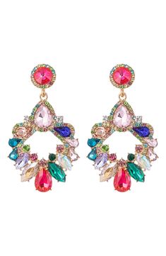 Sparkling multicolor crystals glam up these statement drop earrings for stunning style. 2.5" drop Post back Metal alloy, glass crystals Imported Statement Earrings Cocktail Dress, Gorgeous Earrings Sparkle, Mare Barrow Earrings Colors, Luxury Multicolor Festive Jewelry, Bright Statement Earrings, Funky Jewelry Macy's, Luxe Earrings, Glamour Party, Crystal Chandelier Earrings