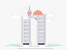 two tall buildings in front of a cloudy sky with the sun behind them and clouds