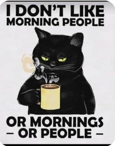 a black cat with yellow eyes holding a coffee cup and looking at the camera while it says, i don't like morning people or mornings or people