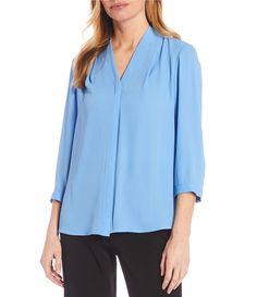 From Investments Petite, this blouse features:v-neckline 3/4 sleeveshidden button front closurepolyestermachine wash/tumble dry Imported. 3/4 Sleeve Blouse For Workwear, Versatile Split Neck Tops For Work, Versatile 3/4 Sleeve Workwear Blouse, Versatile 3/4 Sleeve Blouse For Work, Versatile V-neck Blouse With Button Closure, Classic V-neck Top For Workwear In Spring, Classic V-neck Top For Spring Workwear, Classic Split Neck Spring Blouse, Classic Split Neck Blouse For Spring