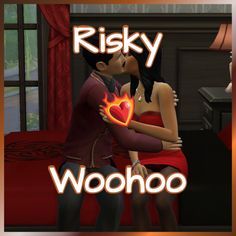 a couple kissing each other with the words risky woohoo in front of them