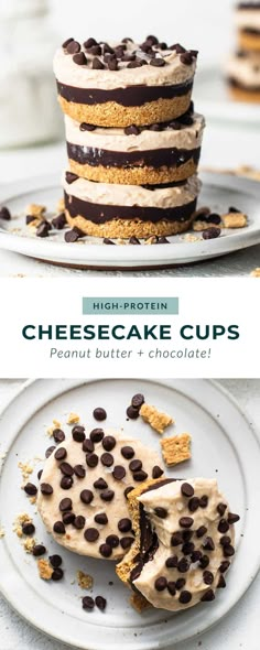 two pictures of cheesecake cups with chocolate chips on top