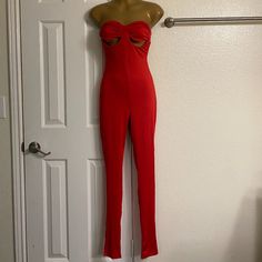 Stretch, New Red Strapless Jumpsuit For Summer Nights, Red Fitted Strapless Jumpsuit For Party, Red Strapless Jumpsuit For Night Out In Spring, Red Strapless Jumpsuit For Spring Night Out, Red Stretch Jumpsuits And Rompers For Loungewear, Red High Waist Jumpsuits And Rompers For Party, Red High-waist Jumpsuits And Rompers For Party, Red High-waist Jumpsuit For Party, Red Stretch Jumpsuit For Date Night