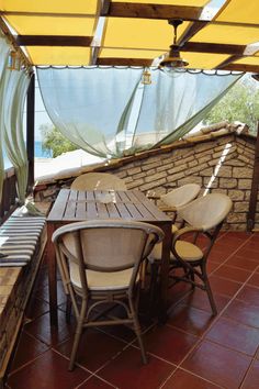 Porch Blinds Ideas: Wooden Table and Chairs on a Veranda with Overhead Drapes and Sea View Billowing Curtains, Porch Blinds, Blinds Ideas, Wooden Table And Chairs, Wallpaper Walls Decor, Tile Wallpaper, Exterior Ideas, Living Room Windows, Decks And Porches