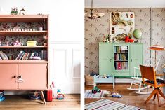 two pictures side by side one has a pink bookcase and the other has a green cabinet