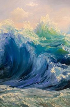 an oil painting of waves crashing in the ocean with blue and green paint on it