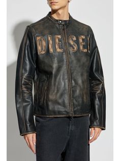 Diesel logo-embossed Leather Jacket - Farfetch Luxury Brown Biker Jacket With Zipper Closure, Luxury Brown Biker Jacket With Zipper, Designer Brown Leather Jacket With Zipper, Designer Brown Leather Jacket With Zipper Closure, Diesel Leather Jacket, Red Jacket Leather, Brown Leather Jacket Men, Diesel Jacket, Diesel Logo