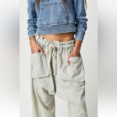 Free People Runyon Striped Pants Harem Tie Elastic Waist Blue White Roomy Nwt Spring Loungewear Harem Pants With Side Pockets, Spring Side Pockets Harem Pants For Loungewear, Spring Harem Pants With Side Pockets For Loungewear, Bohemian Bottoms With Side Pockets For Spring, Spring Bohemian Bottoms With Side Pockets, Bohemian White Bottoms With Pockets, Beige Harem Pants For Spring Loungewear, Bohemian Spring Bottoms With Tapered Leg, Cream Bohemian Pants For Spring