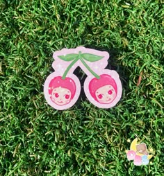 two stickers with cherries on them sitting in the grass