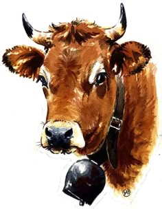 a drawing of a brown cow with horns on it's head and bell around its neck